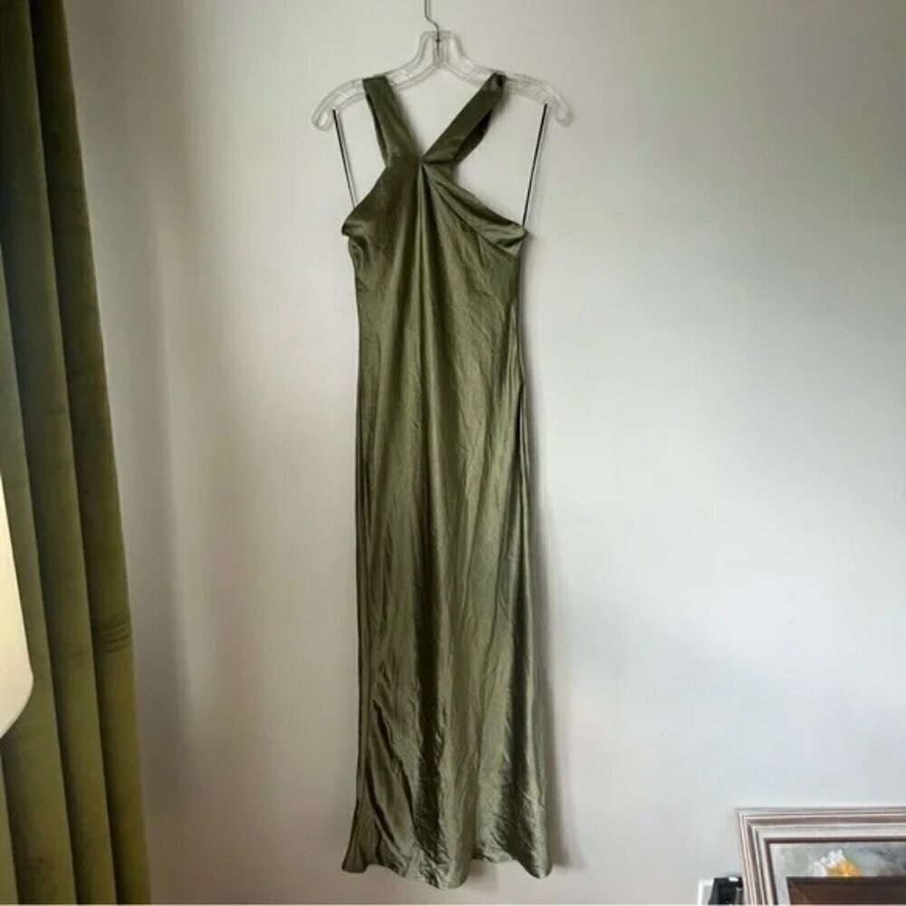 Petal & Pup Grasie Olive Green Satin Halter Maxi Dress 2